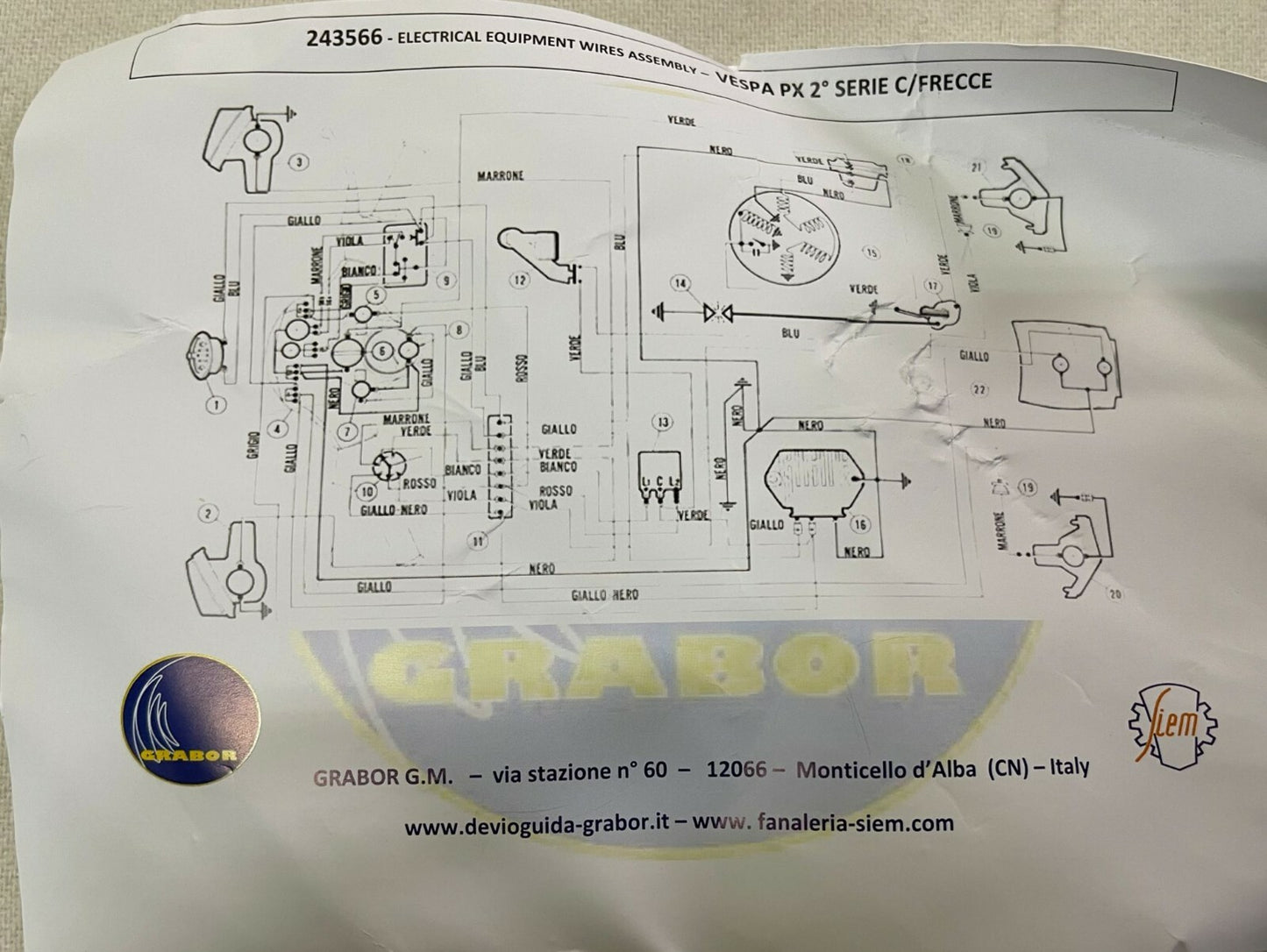IMPIANTO ELETT. GRABOR PER VESPA PX 125 150 200 2^ SERIE CON FRECCE *