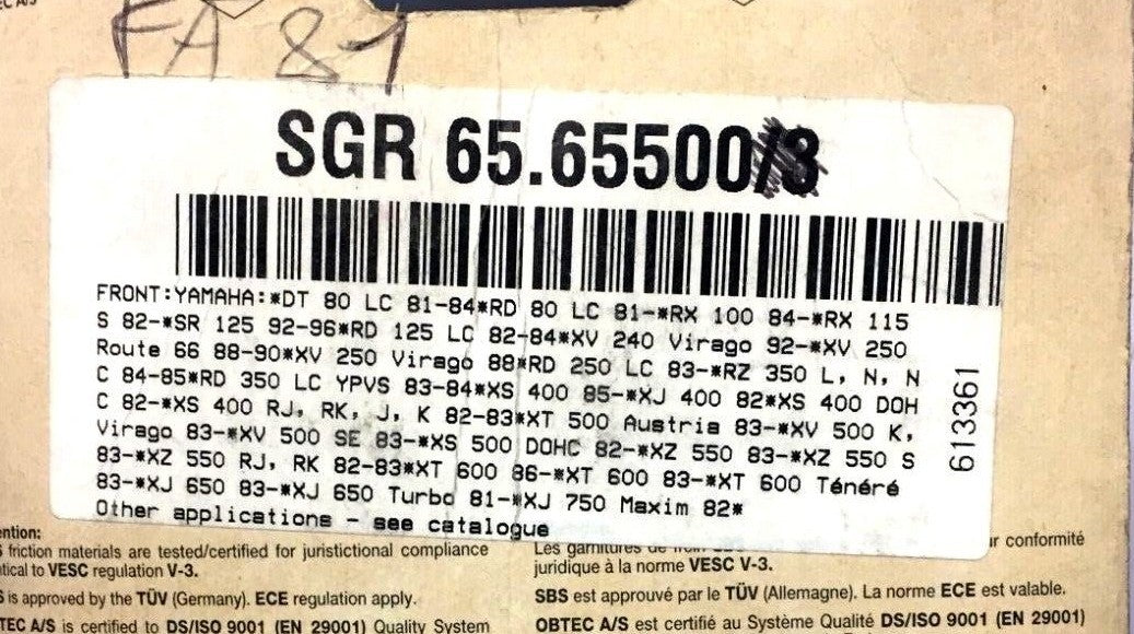 65.65500 CP PASTIGLIE FRENO SGR ANT.YAMAHA XT 350 -XT 600 -XT 650 -VIRAGO 250