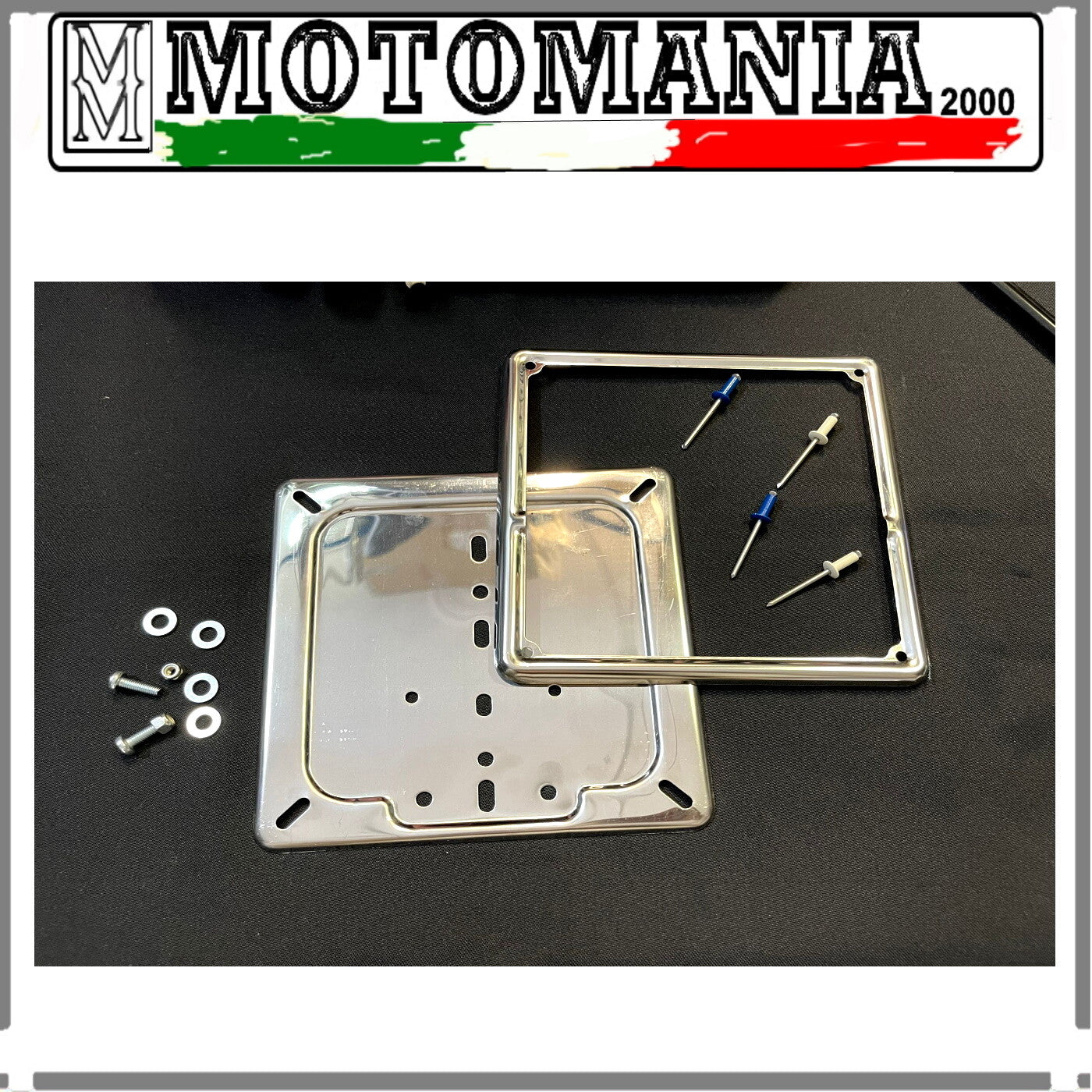 PORTATARGA E CORNICE IN MET CROMATI PER TARGA EUROPEA + RIVETTI E VITI 185x185*