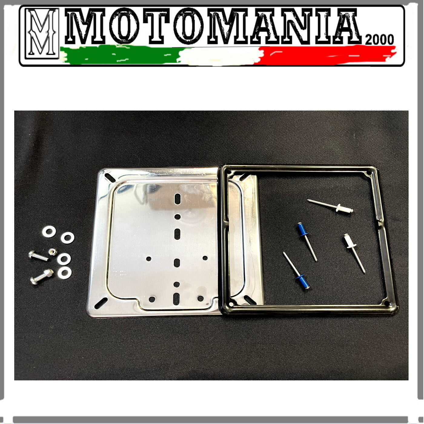 METAL LICENSE PLATE BASE + BLACK FRAME X EUROPEAN PLATE COMPLETE WITH RIVETS ...