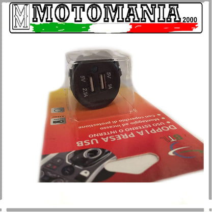 DOUBLE USB SOCKET WITH LIGHT FOR MOTORCYCLE SCOOTER OUTDOOR AND INDOOR USE