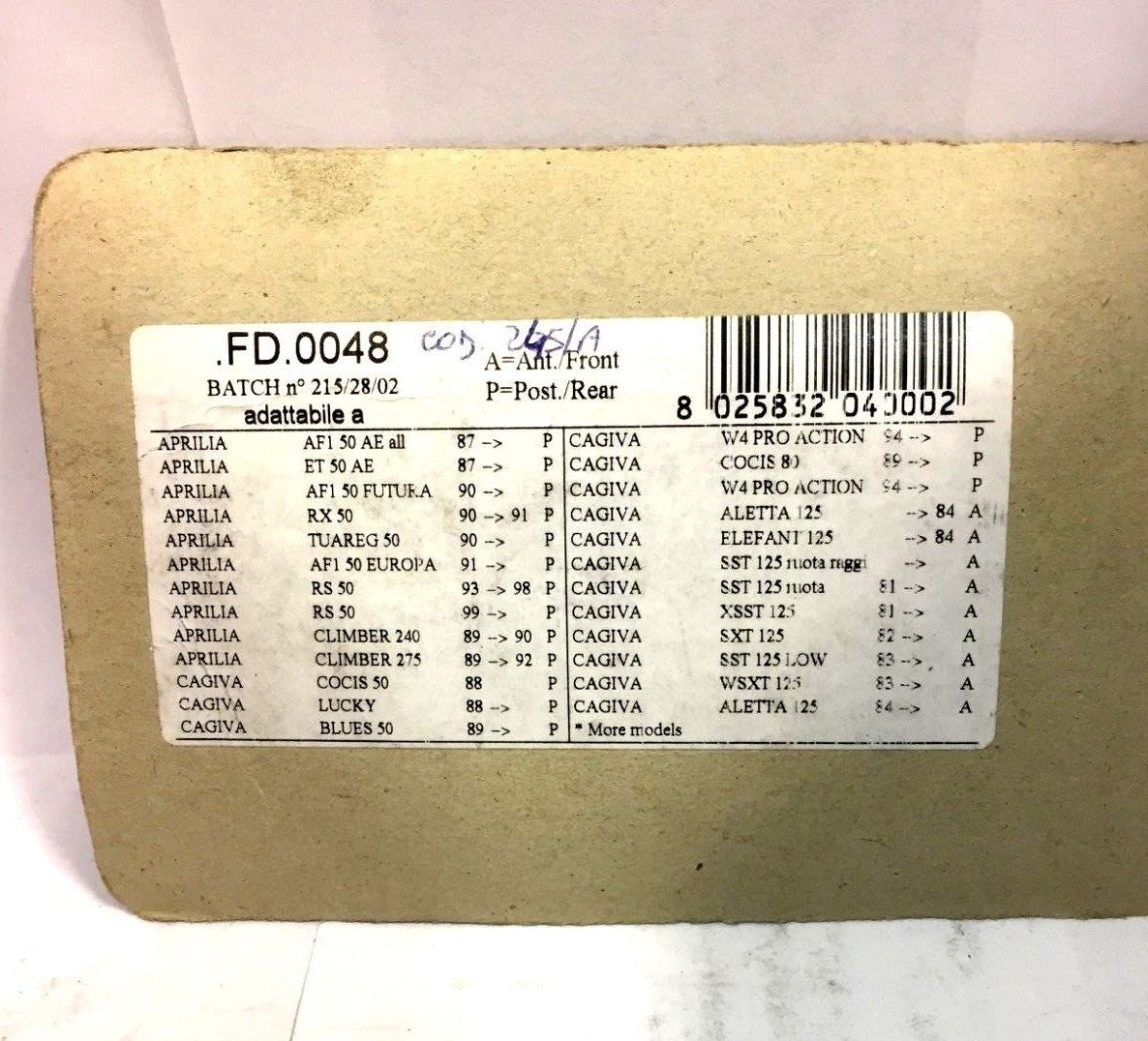 FD0048 CP PASTIGLIE FRENO POST.APRILIA CAGIVA NEWFREN